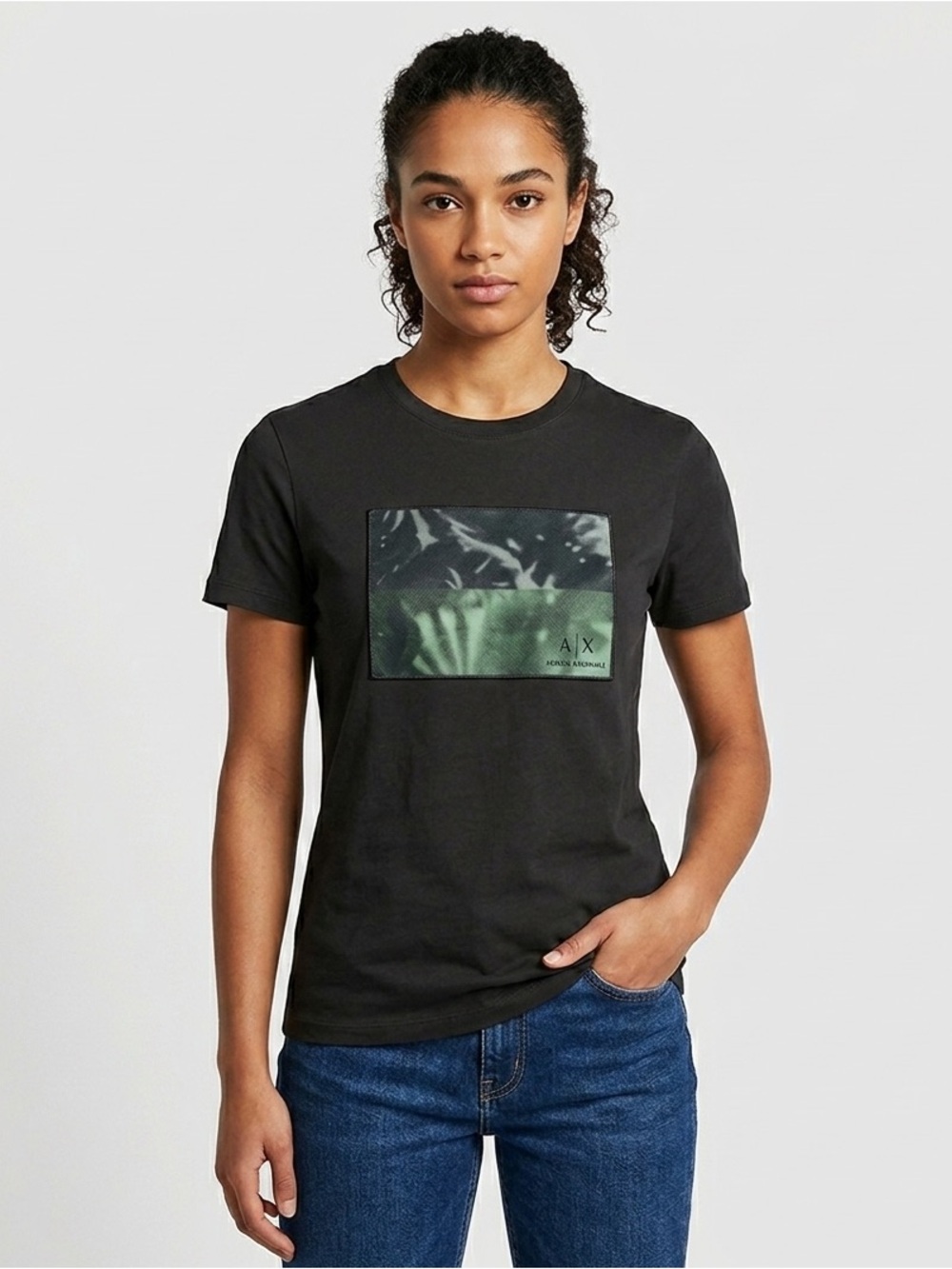 Armani Exchange Black Crewneck Tee with White A|X Logo. Dark green color